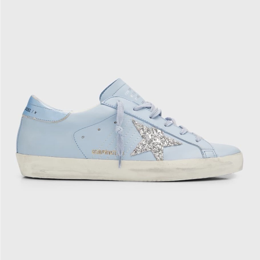Golden Goose Light Blue Leather Sneaker with Silver Glitter Star